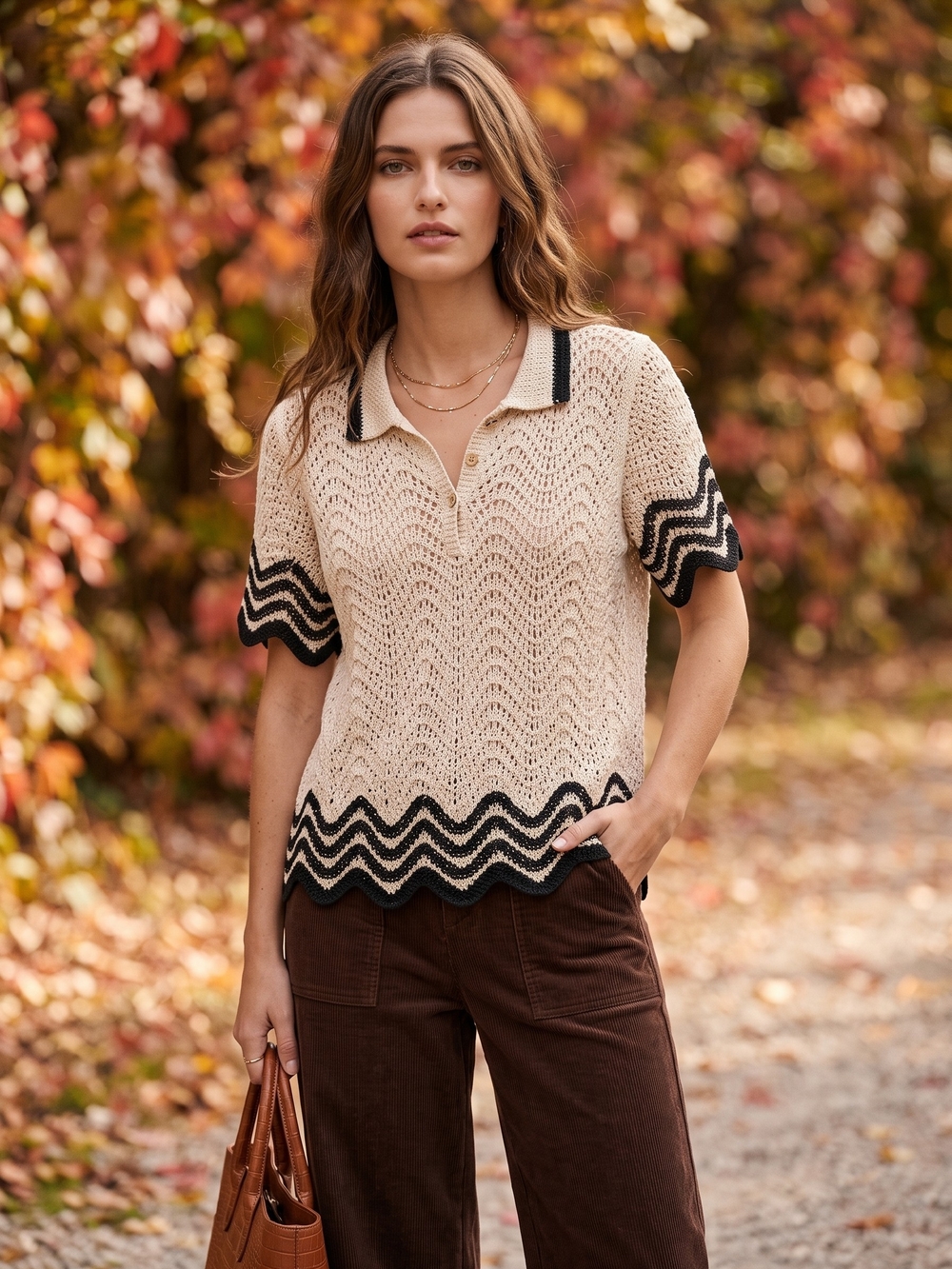 Solitaire Crochet Knit Polo Shirt Coastal Grandma Retro Chevron Top